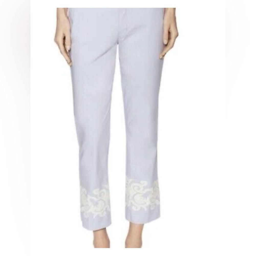 Tory Burch Adrienne light purple chinos w/ Ivory Embroidery at hem. Size 27 EUC